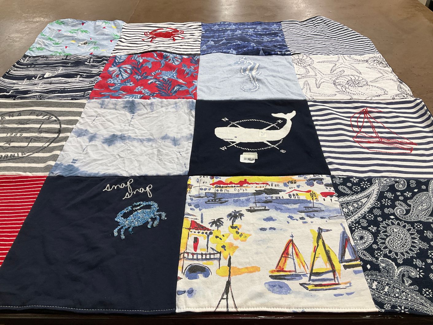 T-shirt quilt with marine life, nautical themes by Heather from OH