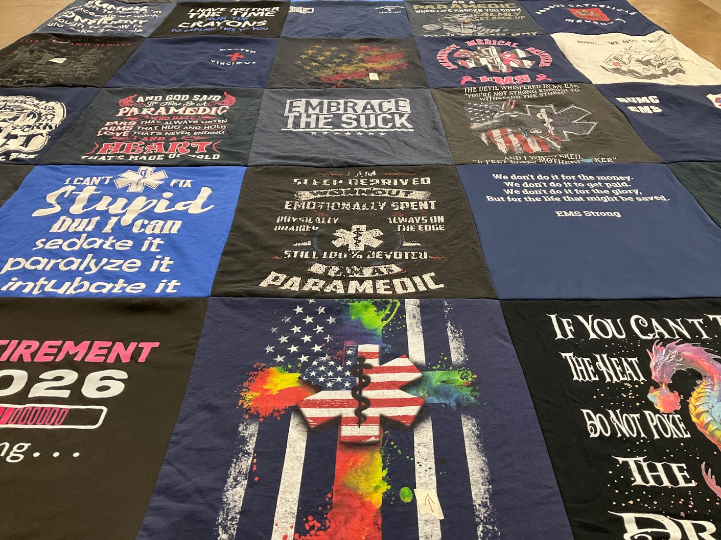 T-shirt quilt with emergency medical services, paramedics themes by Angela from NY