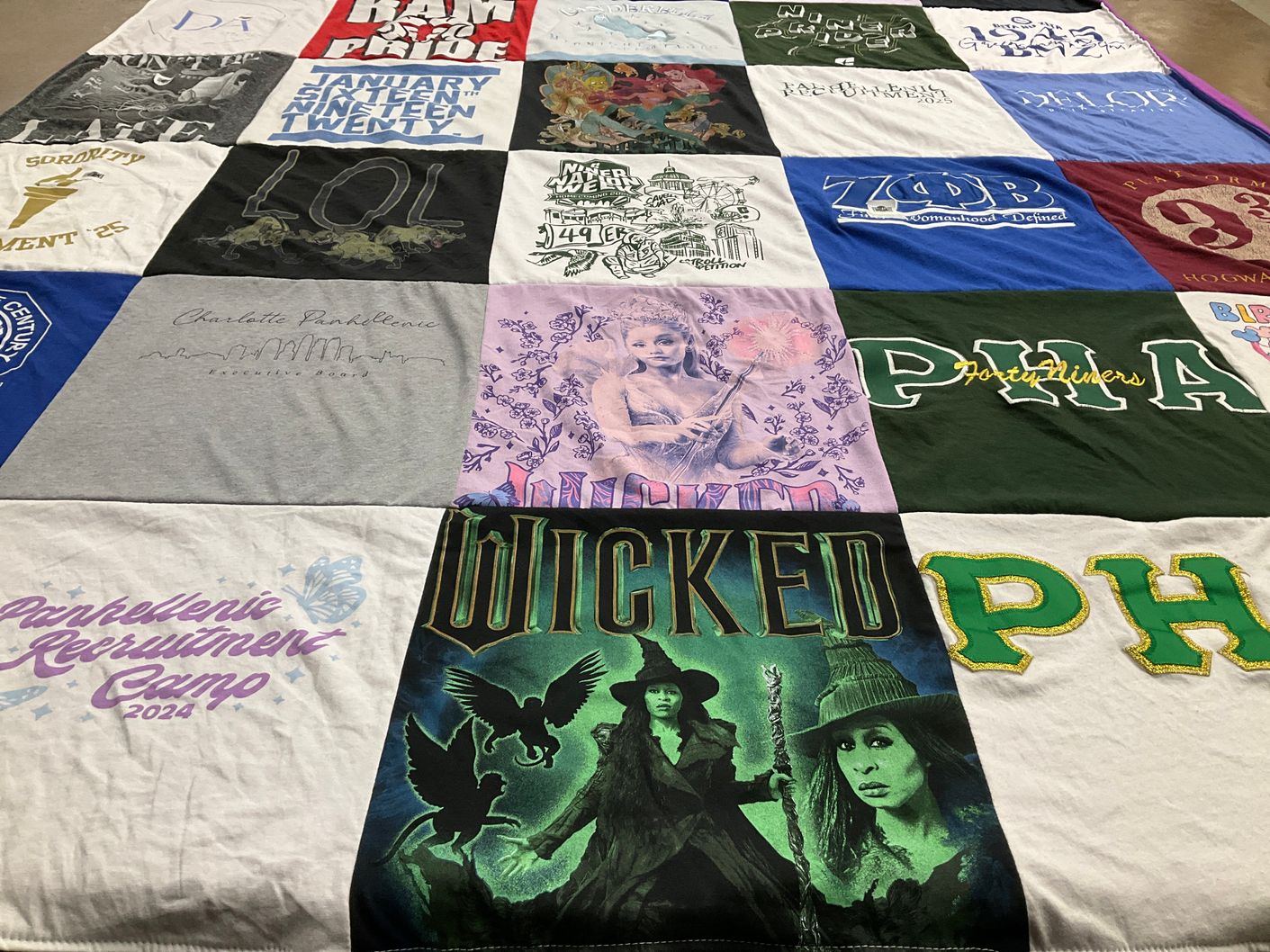 T-shirt quilt with theater, sororities themes by Michelle from NC