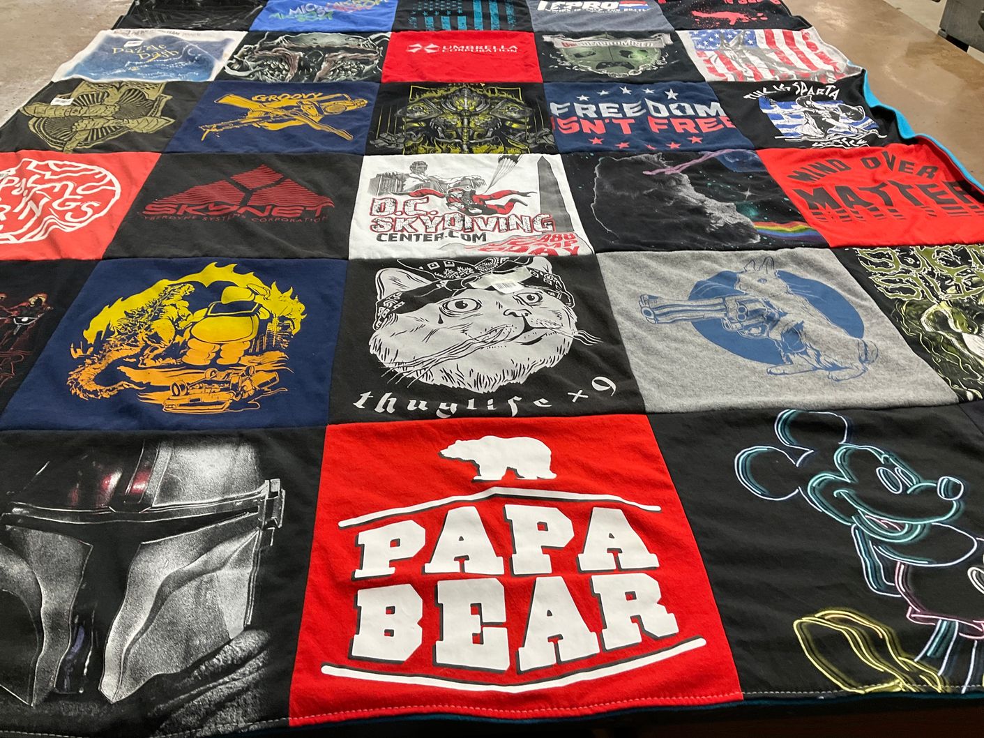 T-shirt quilt with movies, comics themes by Christina from MD