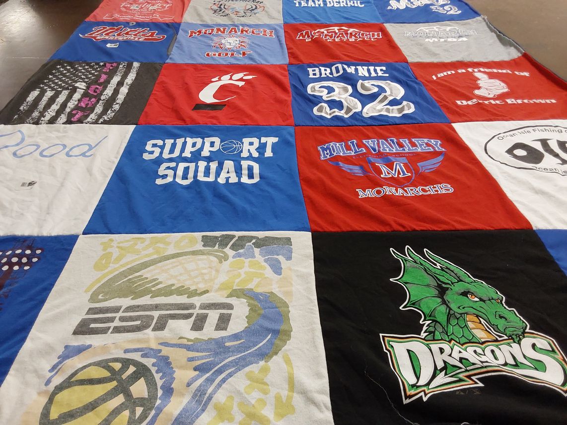 T-shirt quilt from mill valley high school, monarchs by Karen from OH