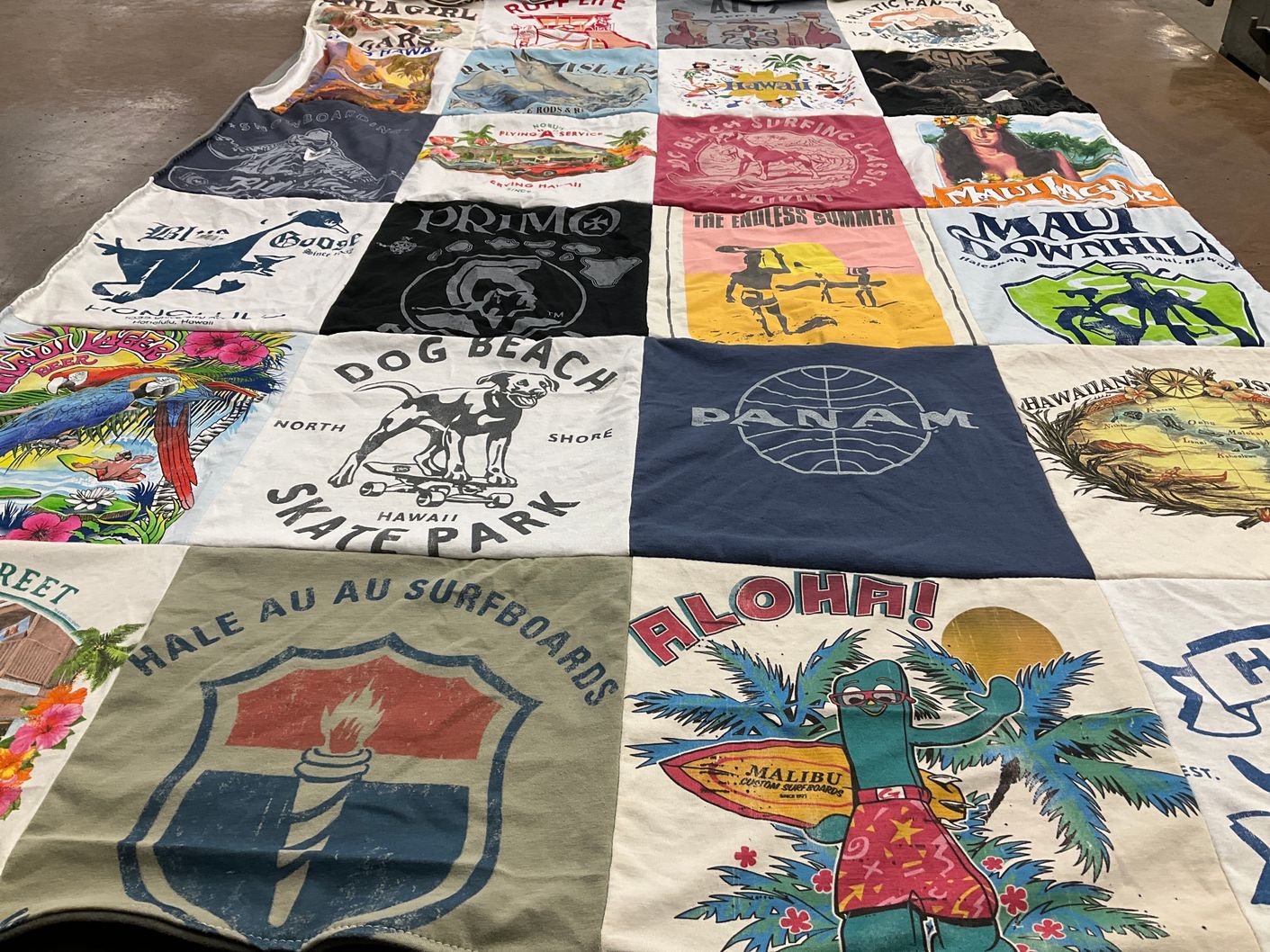 T-shirt quilt with surfing, skateboarding themes by lea from CA