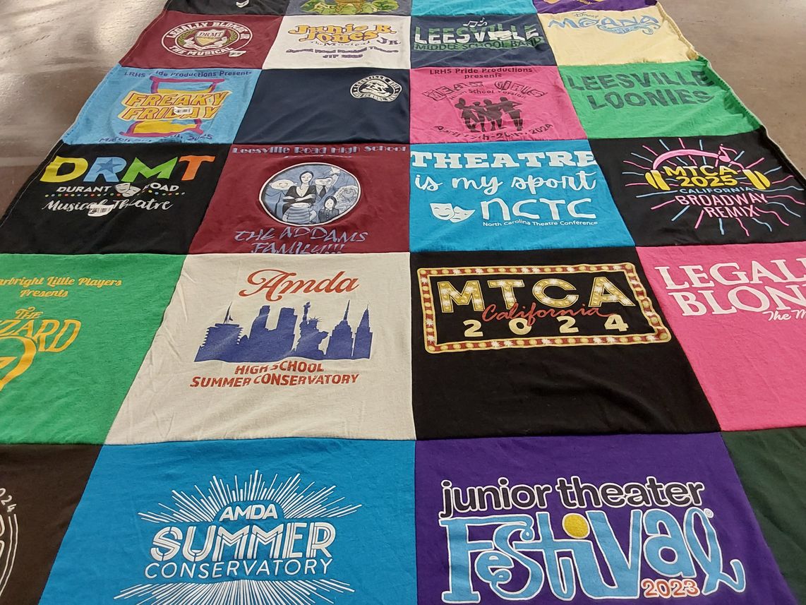 T-shirt quilt from leesville road high school, amda college and conservatory of the performing arts by Kiersten from NC