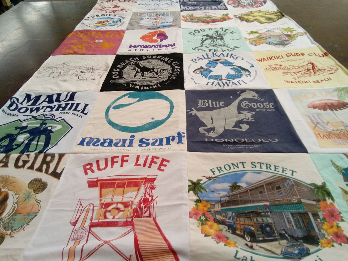 T-shirt quilt with surfing, beach activities themes by lea from CA
