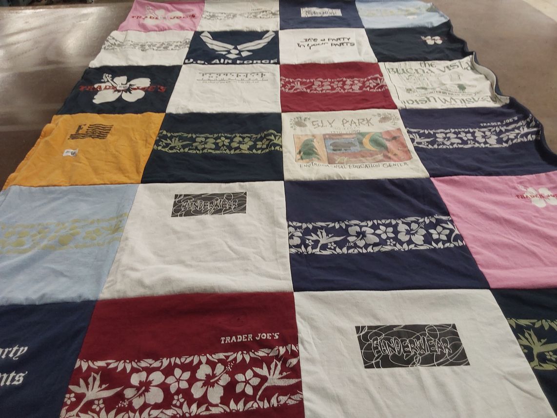T-shirt quilt with trader joe's, military themes by Janel from KY