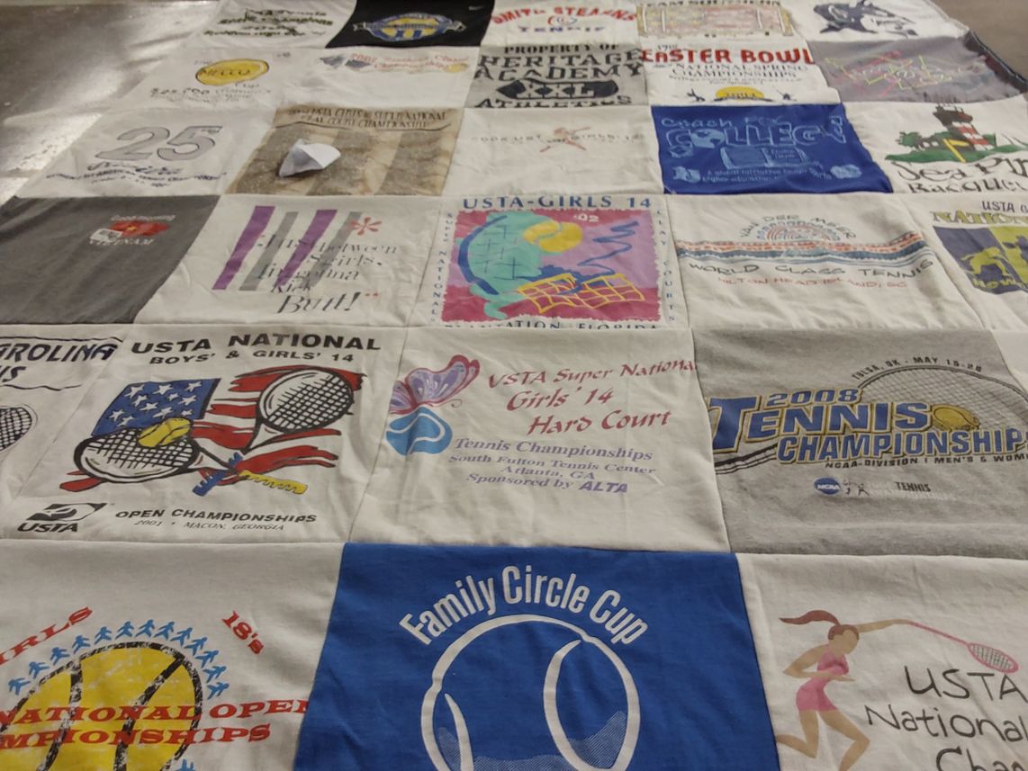 T-shirt quilt with tennis, sports themes by Robin from PA