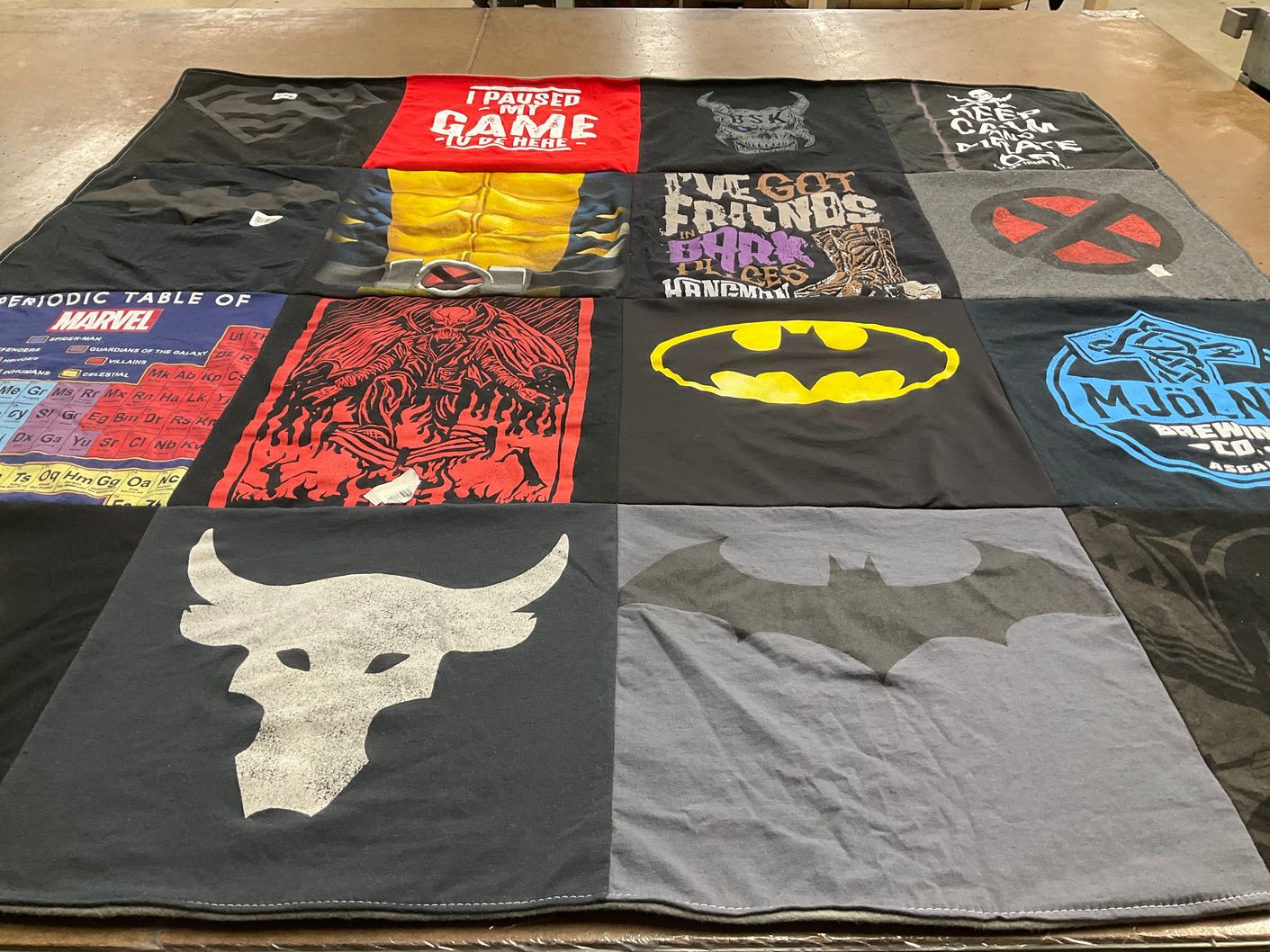 T-shirt quilt with comics, superheroes themes by Charles from NC