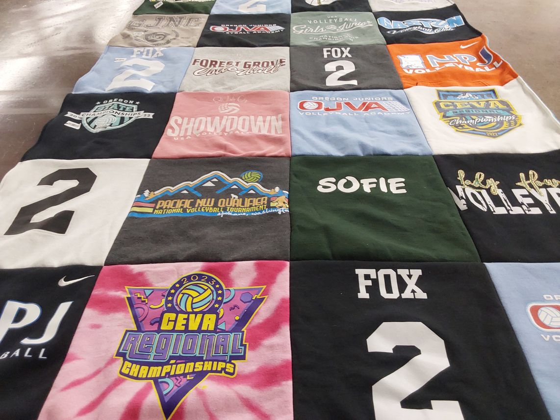 T-shirt quilt with volleyball themes by Amy from OR