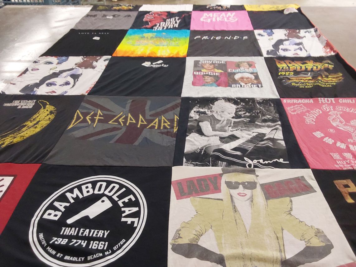 T-shirt quilt with music, cooking themes by Olivia from NY