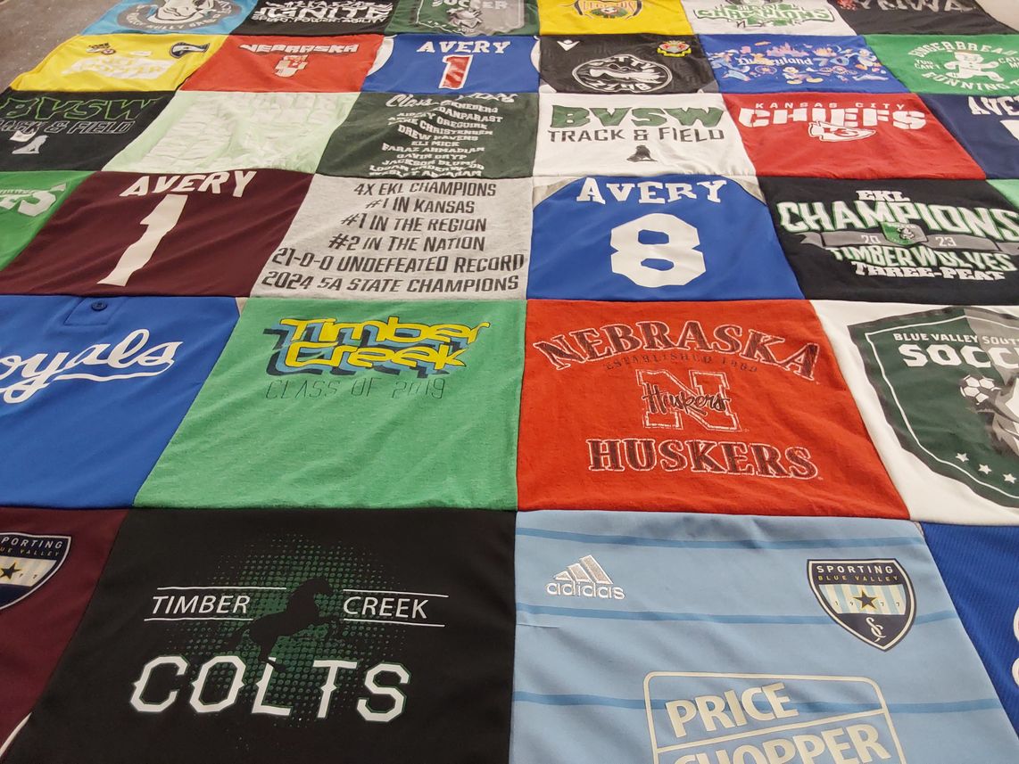 T-shirt quilt featuring blue valley southwest high school, timber creek colts by Kim from KS