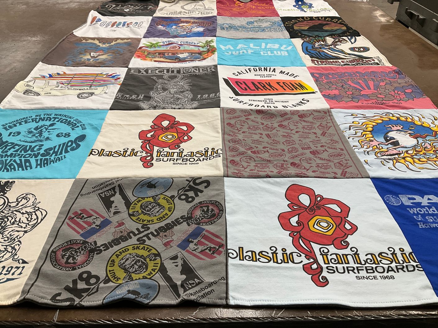 T-shirt quilt with surfing, skateboarding themes by lea from CA