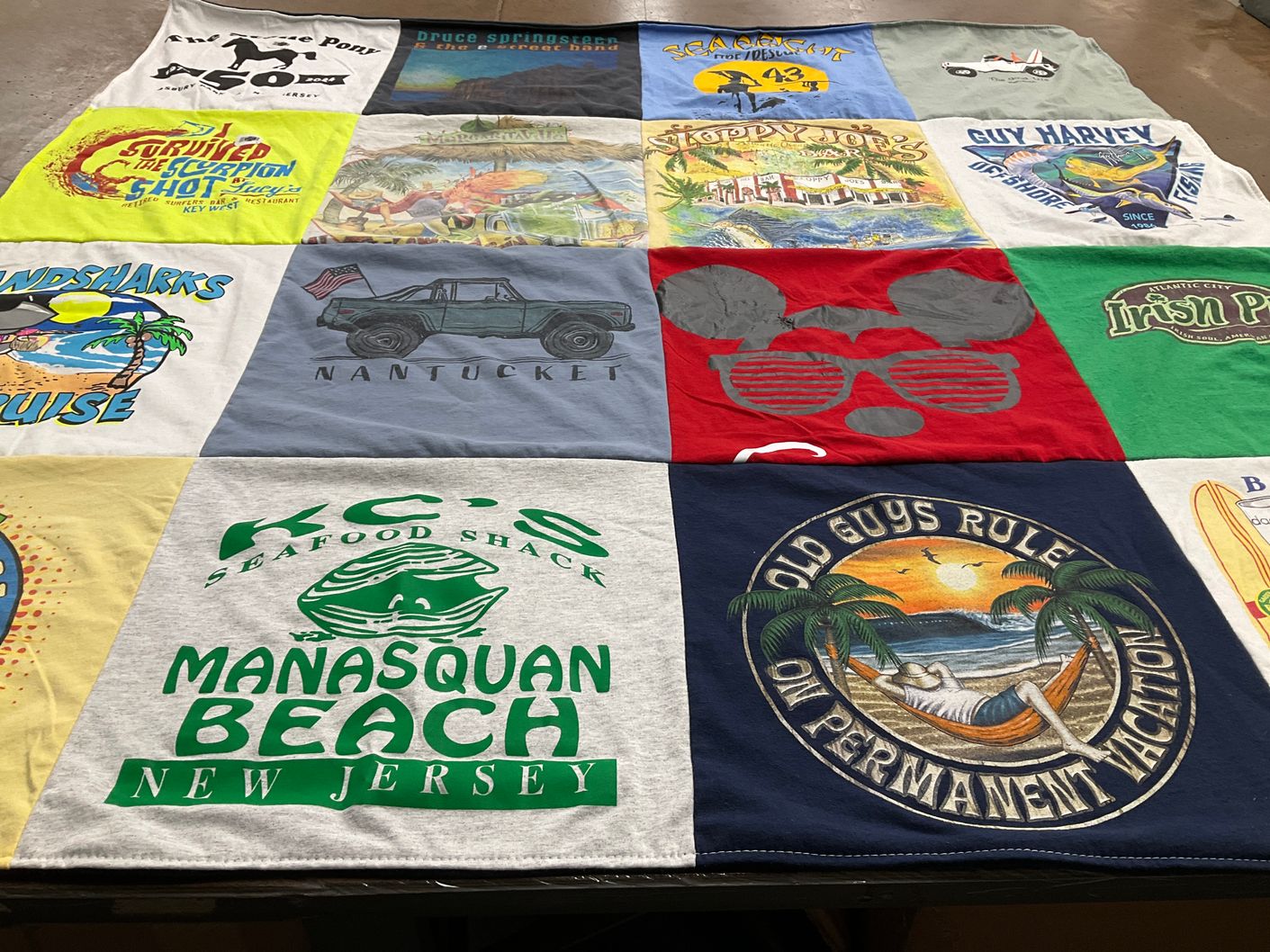 T-shirt quilt with beaches, seafood themes by Barbara from NJ