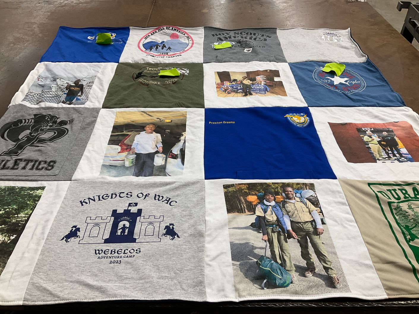 T-shirt quilt with scouting, outdoor activities themes by Cheryl from NC