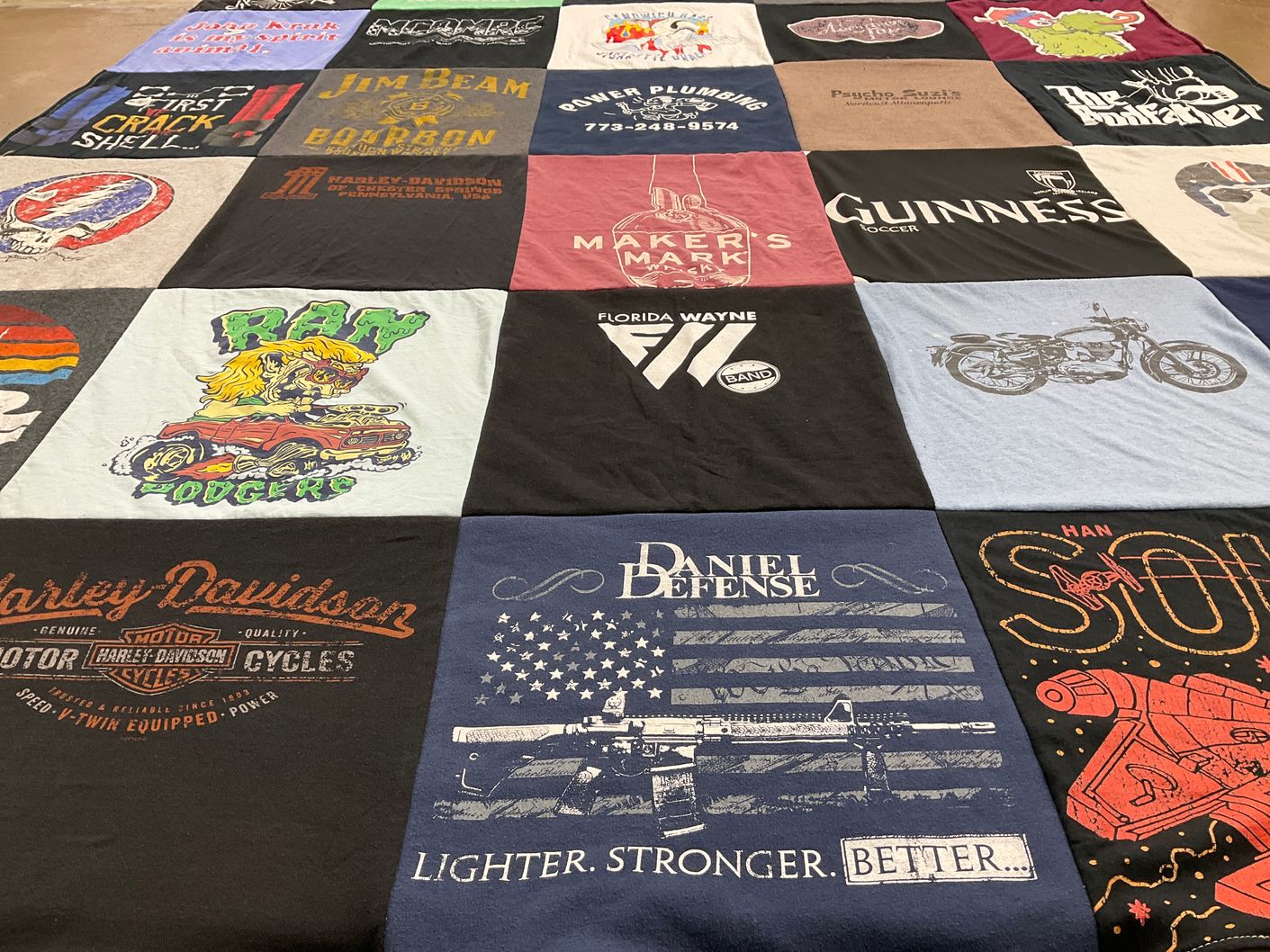 T-shirt quilt with motorcycles, beer themes by Margo from PA
