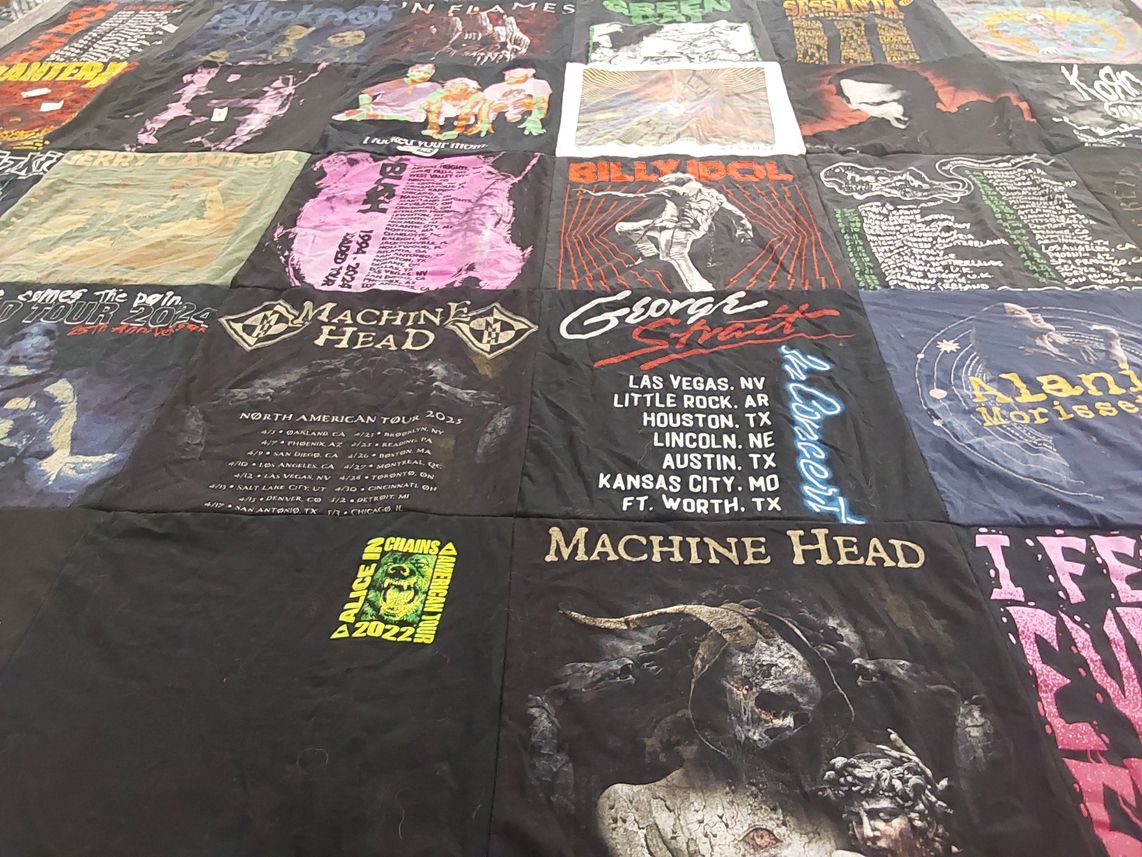 T-shirt quilt with music, concerts themes by Rachel from AZ