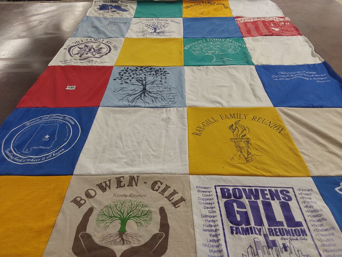 T-shirt quilt with family gatherings, family history themes by Angela from CA