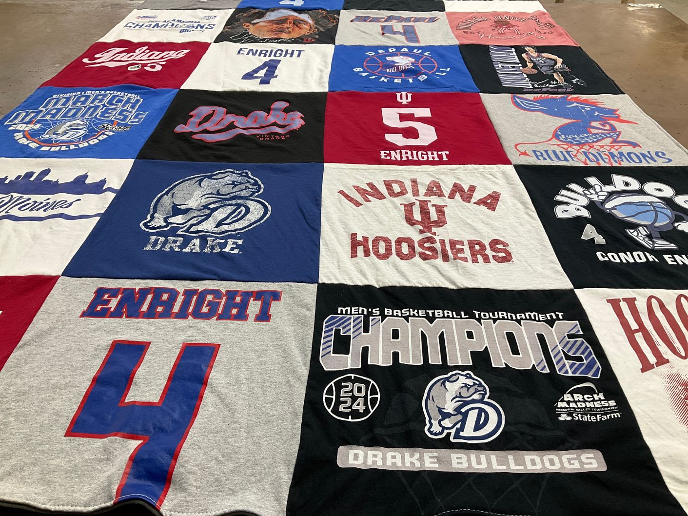 T-shirt quilt featuring drake bulldogs, indiana hoosiers by STEPHANIE from IL