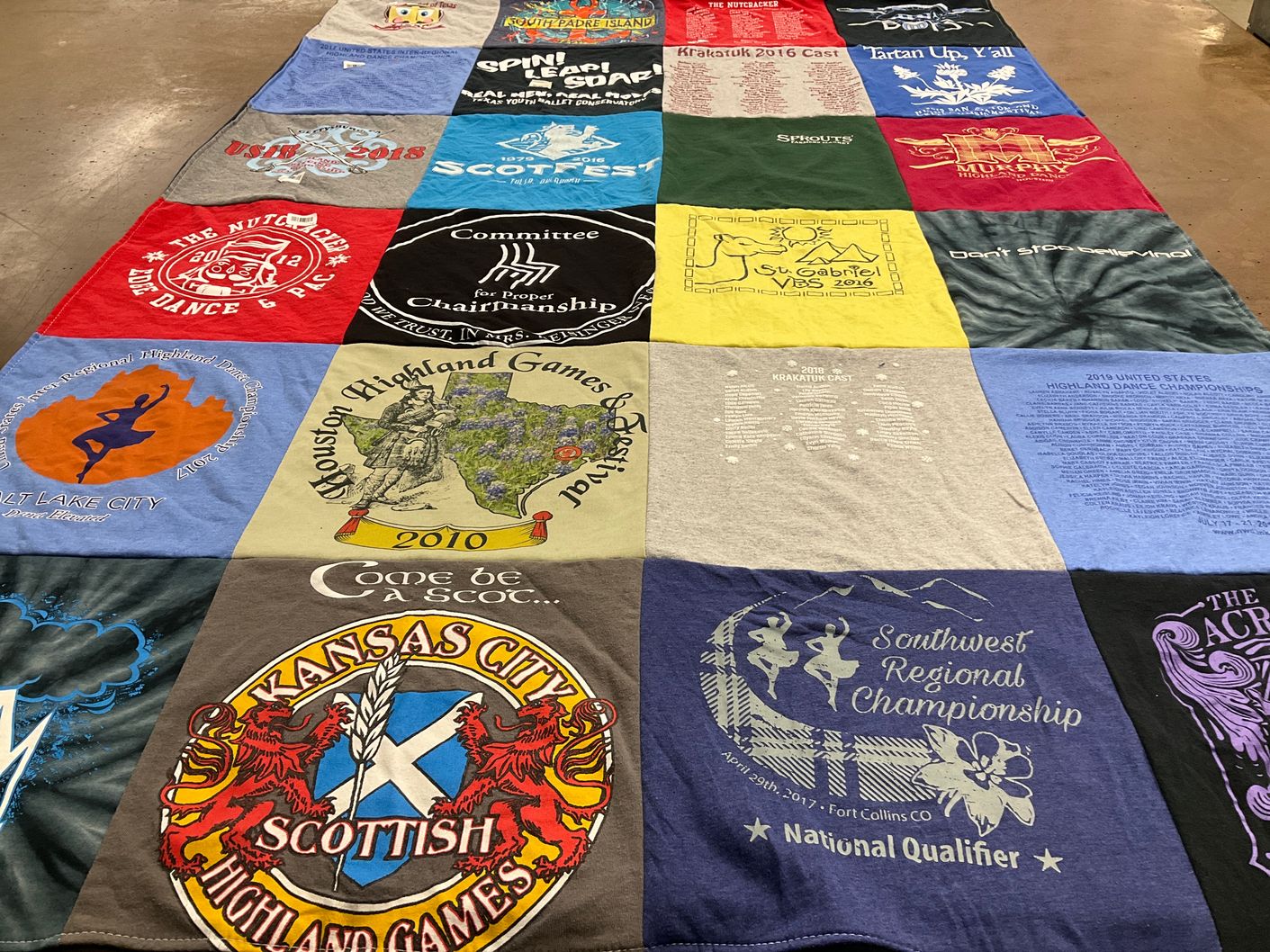 T-shirt quilt with highland games, dance themes by Christine from TX