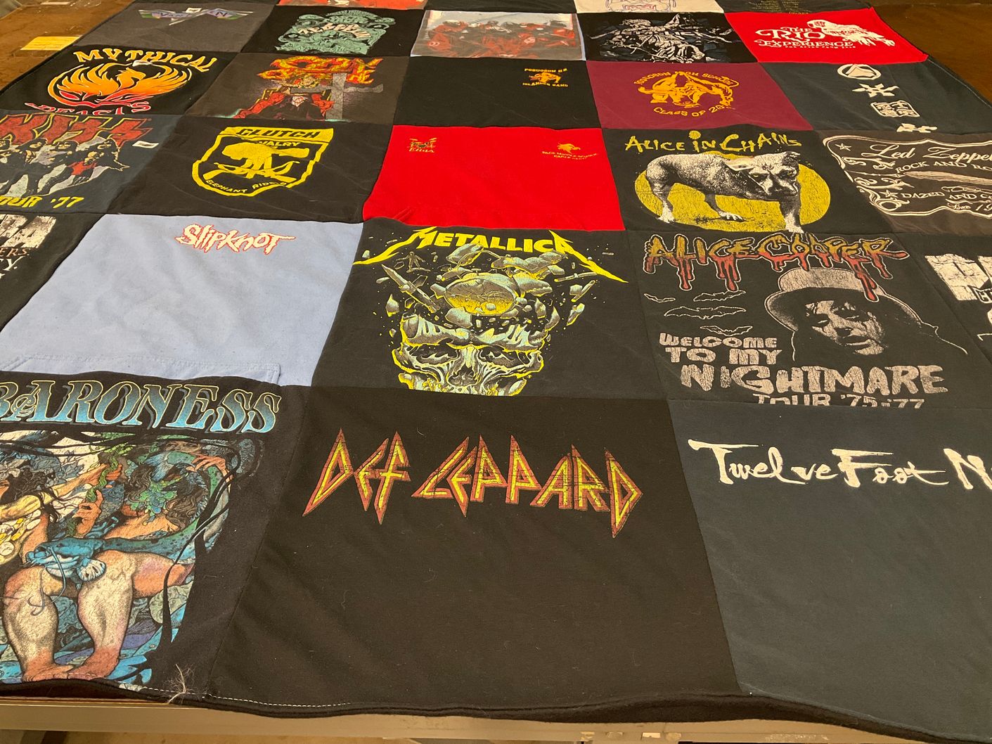 T-shirt quilt with music, rock themes by Erica from VA