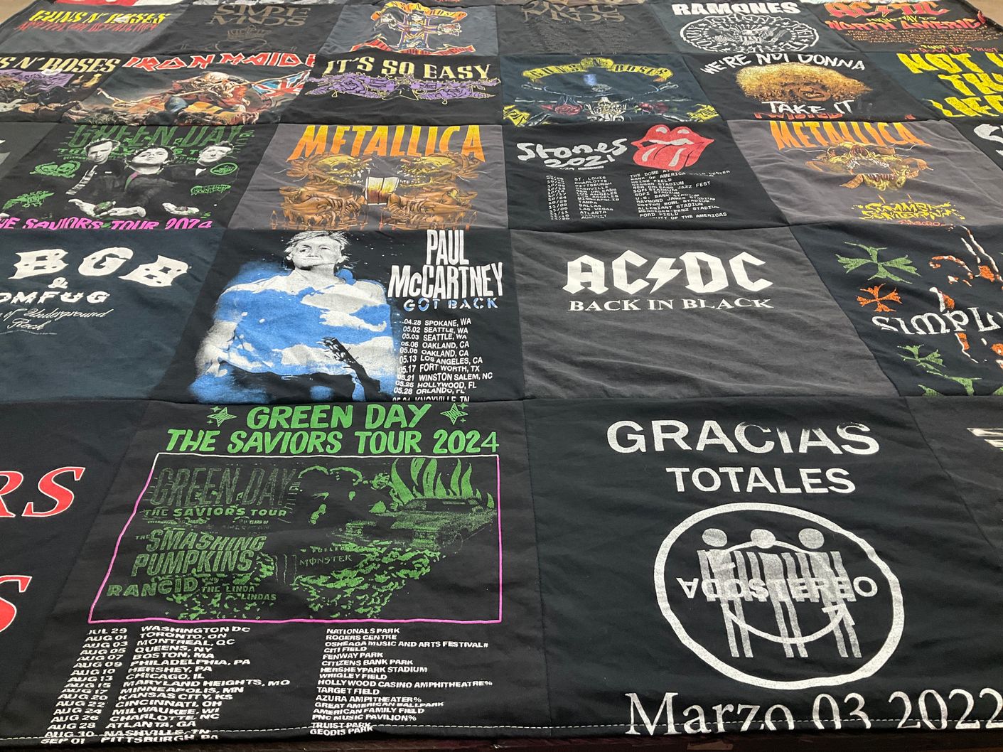 T-shirt quilt with music, concerts themes by Erin from CA