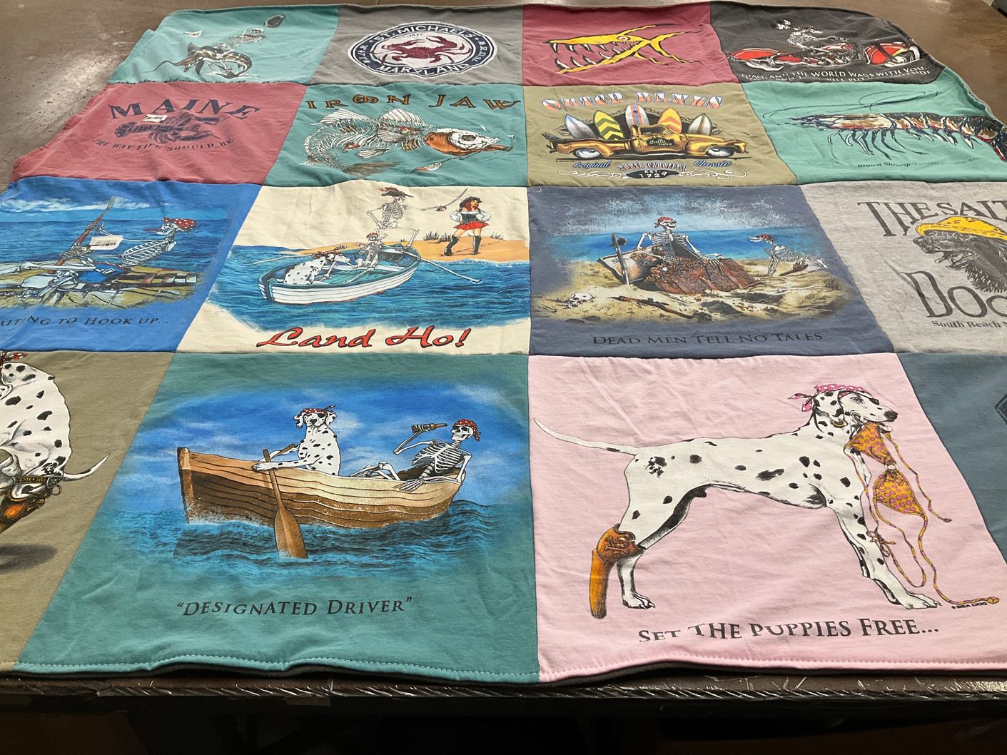 T-shirt quilt with fishing, pirates themes by Fay from DE