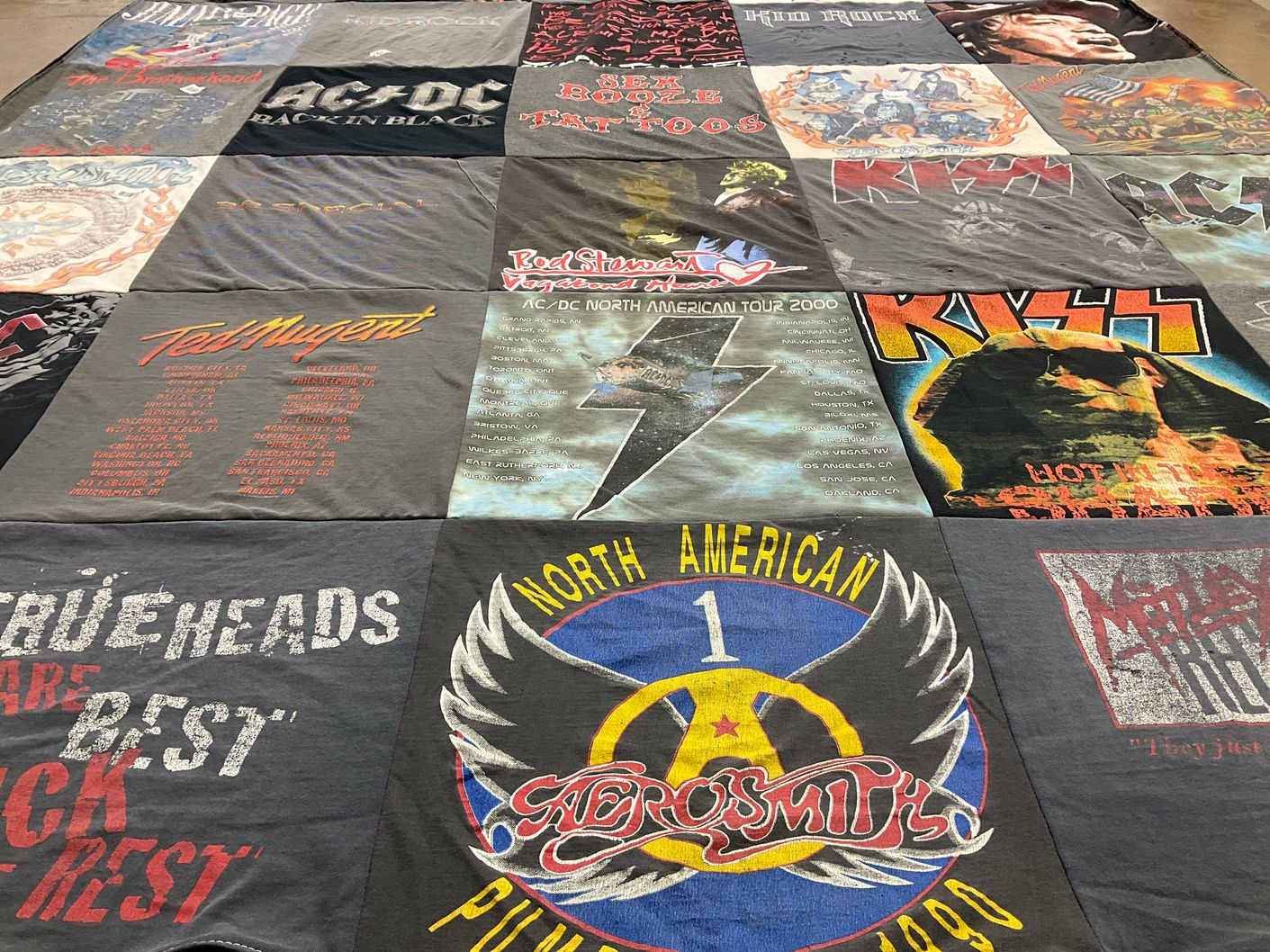 T-shirt quilt with rock music, concerts themes by janice from GA