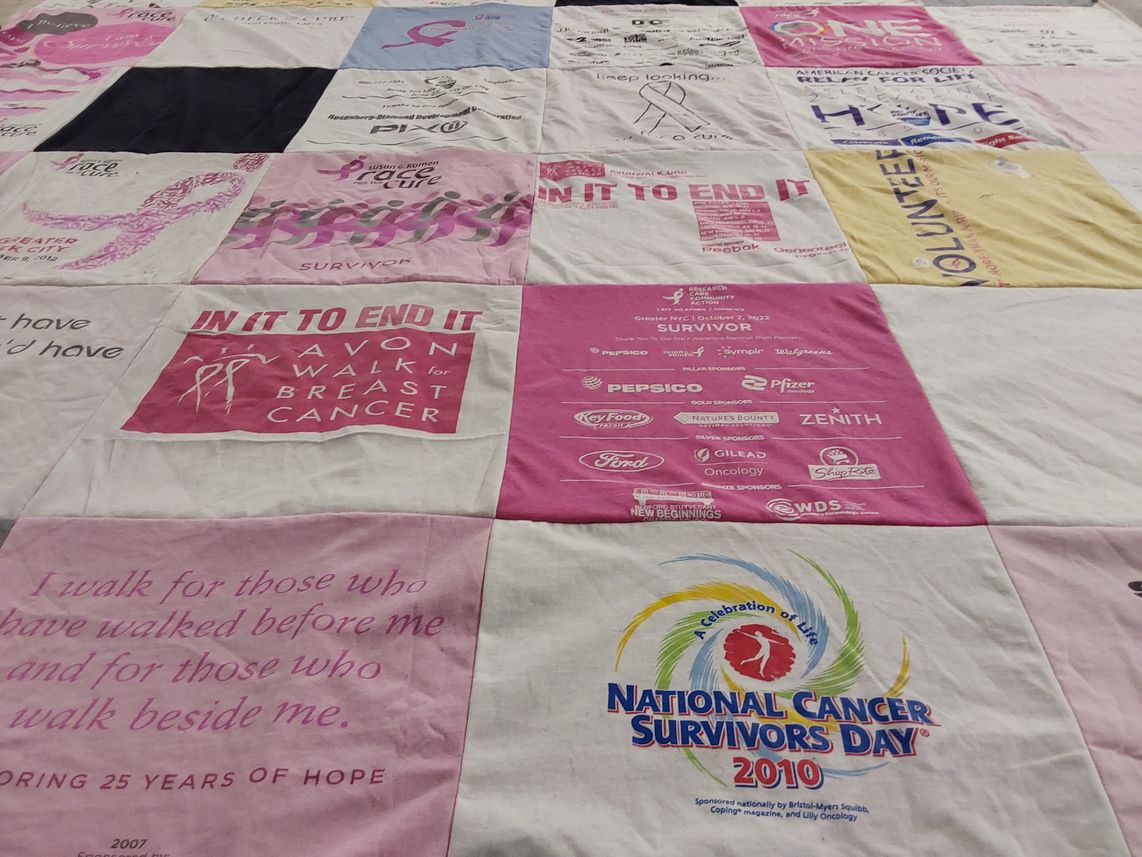 T-shirt quilt with breast cancer awareness, survivorship themes by Yvette from NY
