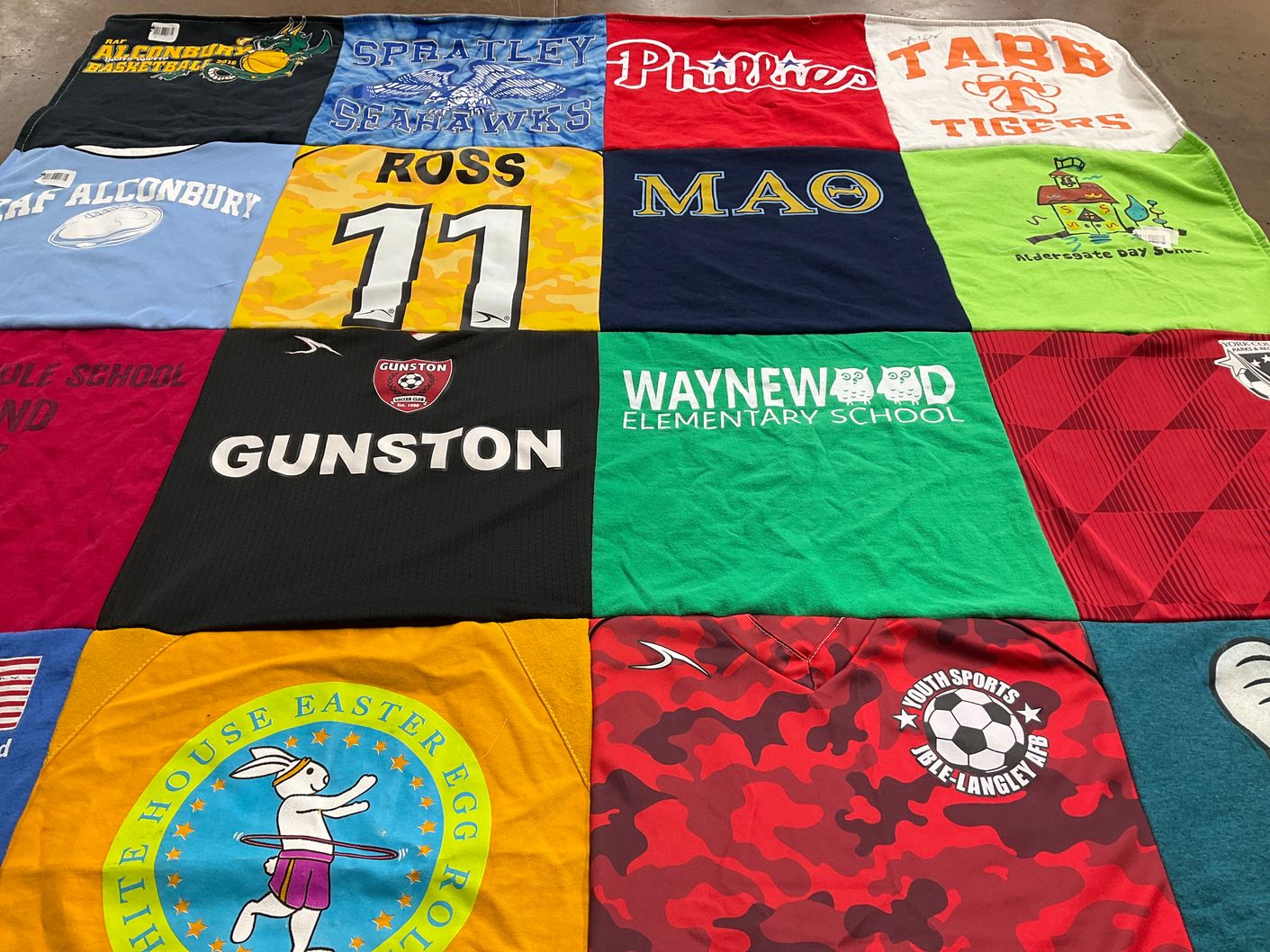 T-shirt quilt featuring spratley seahawks, tabb tigers by Kristi from VA