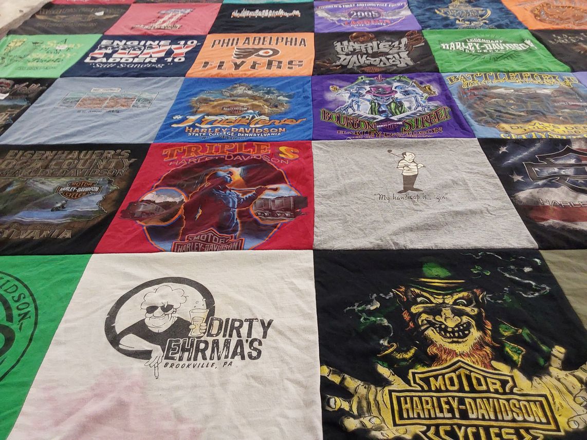 T-shirt quilt with motorcycling, bar culture themes by Leann from PA