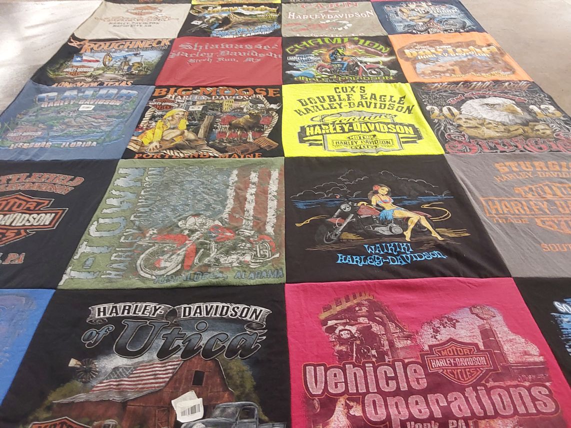 T-shirt quilt with motorcycles, biking themes by Regenia from NC