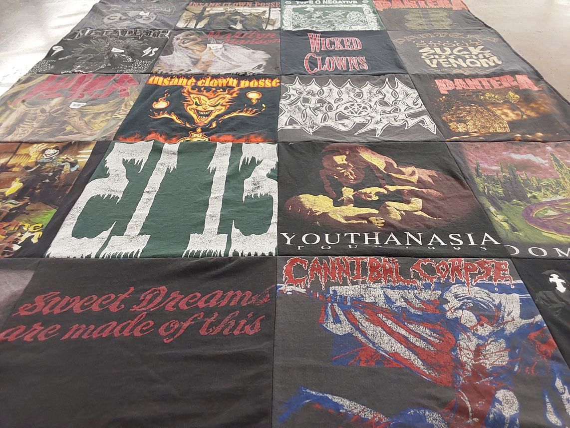 T-shirt quilt with music, metal themes by Audrey from NJ