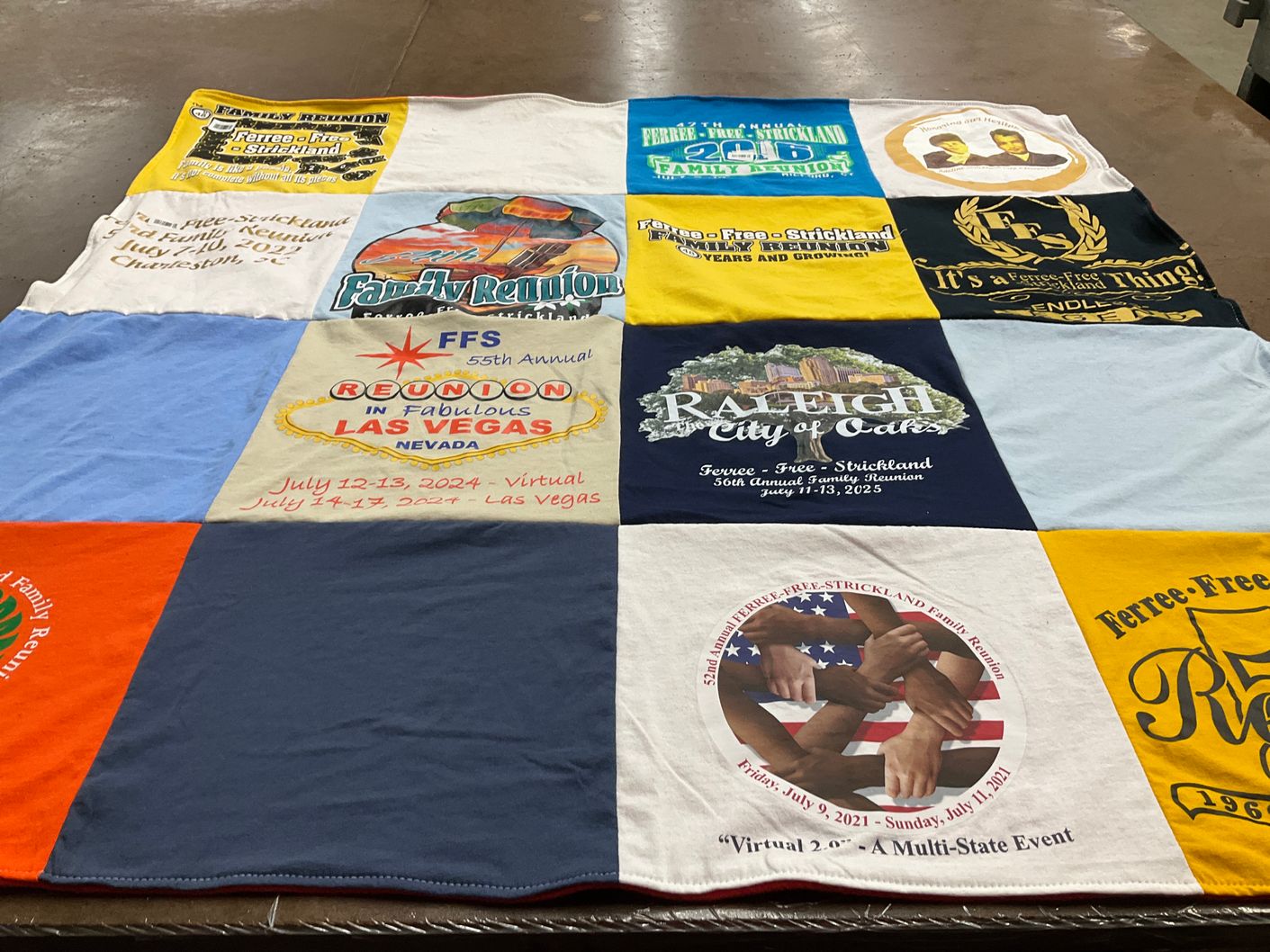 T-shirt quilt with family gatherings, community events themes by susan from NC