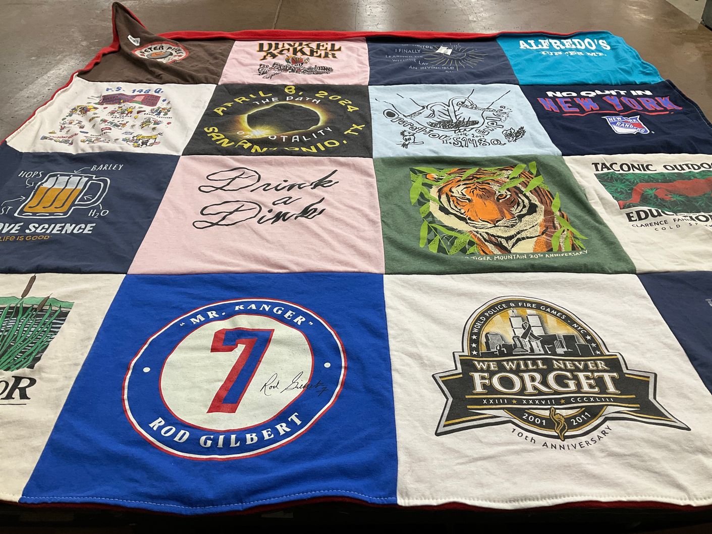 T-shirt quilt with education, outdoor activities themes by ANNMARIE from NY