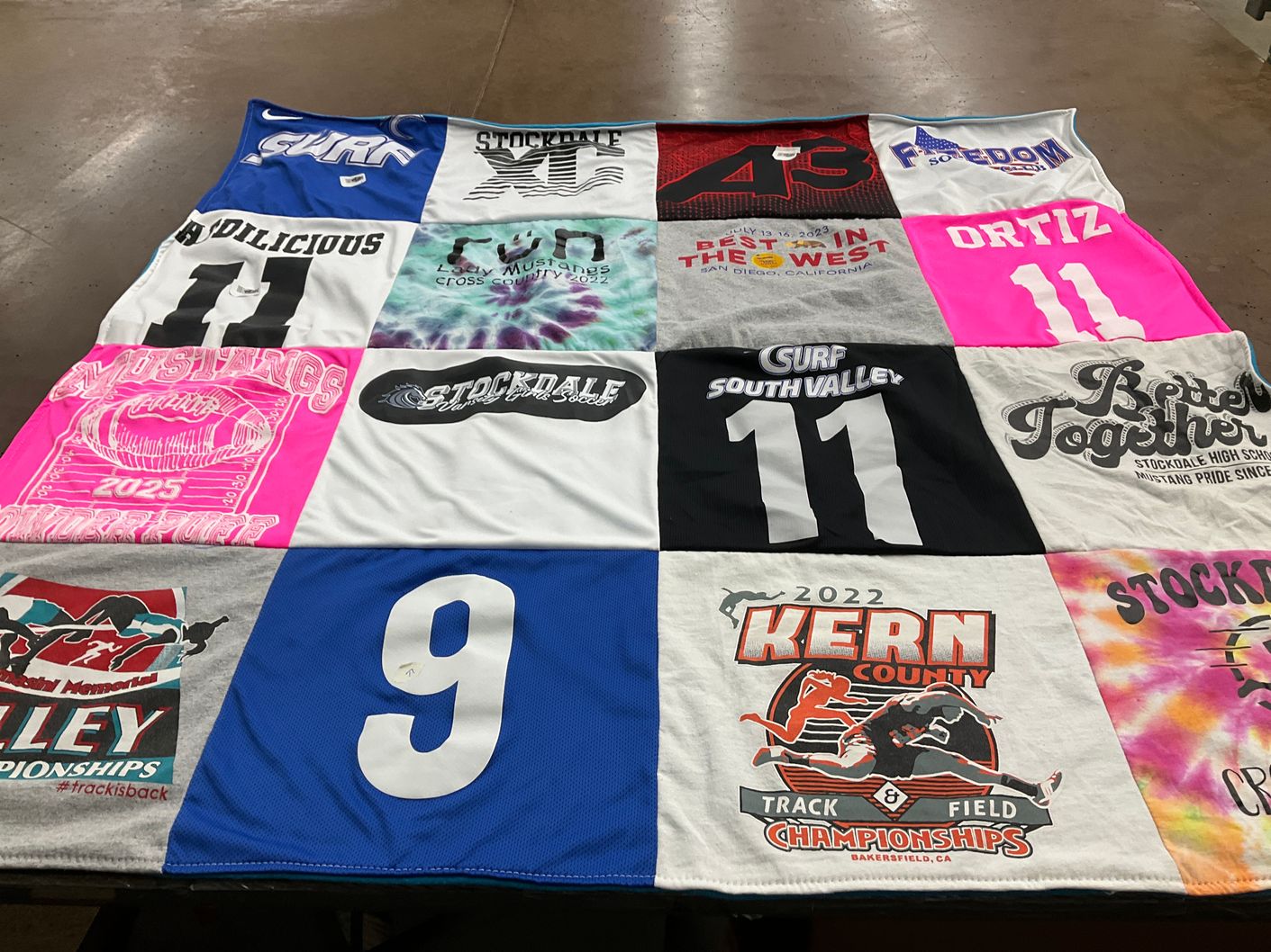 T-shirt quilt featuring stockdale high school mustangs by Amanda from CA