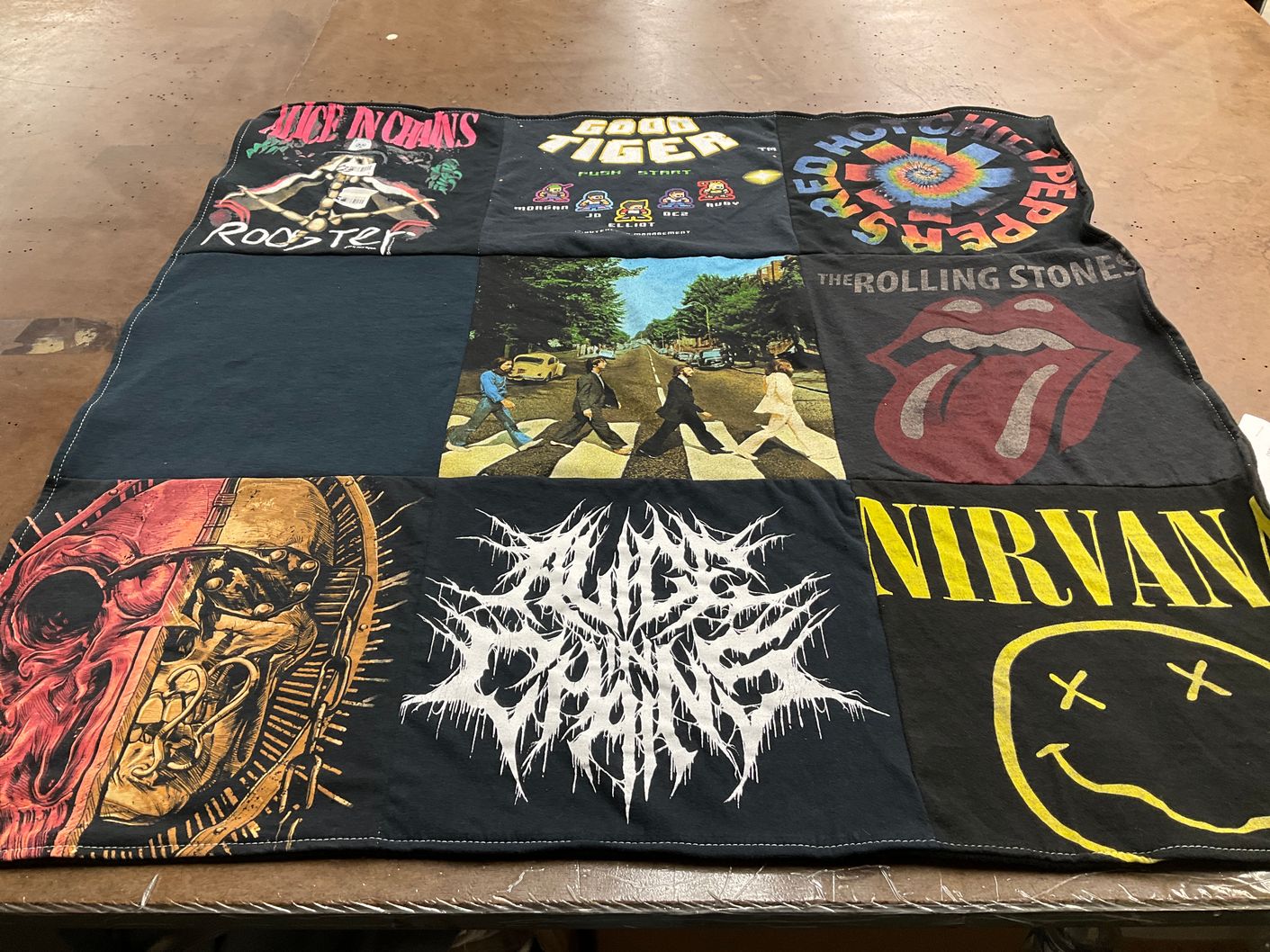 T-shirt quilt with music, rock themes by Elizabeth from AR