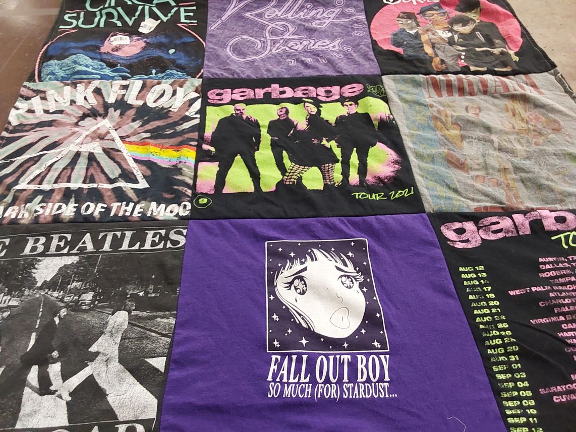 T-shirt quilt with music, rock themes by Elizabeth from AR