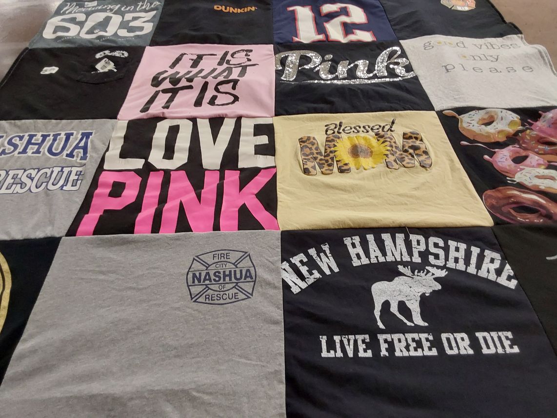 T-shirt quilt with coffee, family themes by Susan from NH