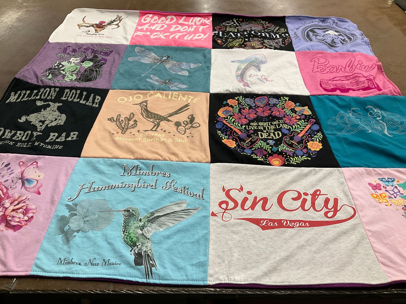 T-shirt quilt with hummingbirds, barbie themes by Stephanie from NM