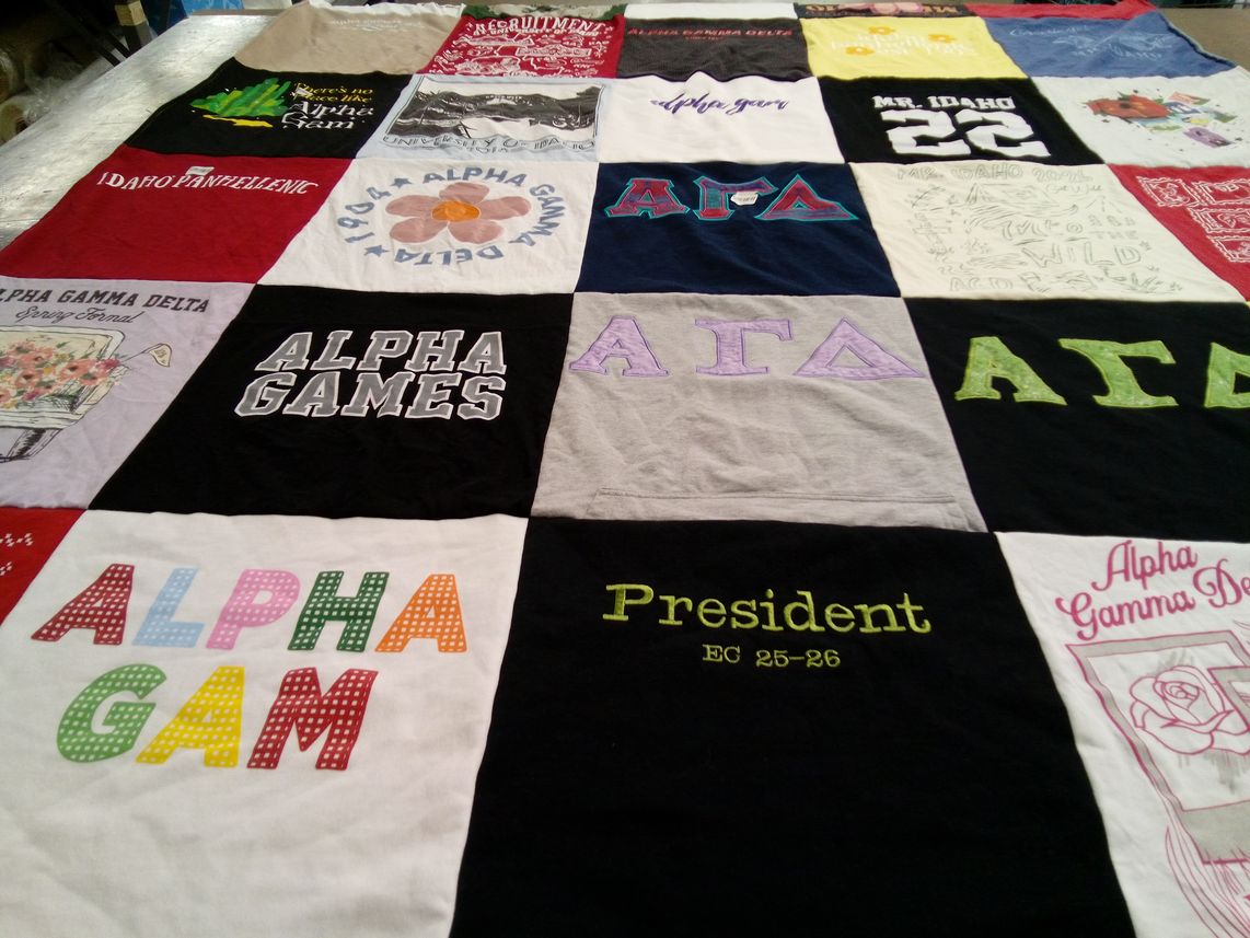 T-shirt quilt with sororities, fraternities themes by Cameron from CA