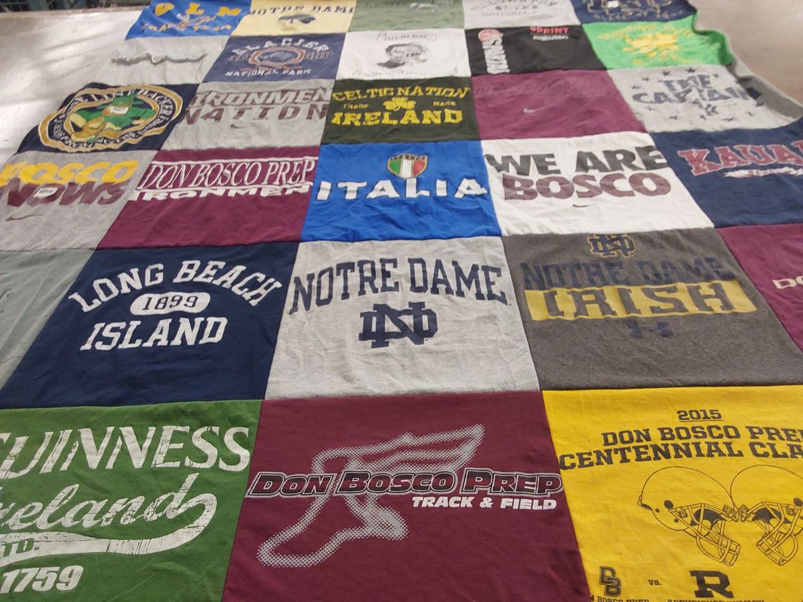 T-shirt quilt featuring notre dame fighting irish, don bosco prep ironmen by PEGGY from NJ