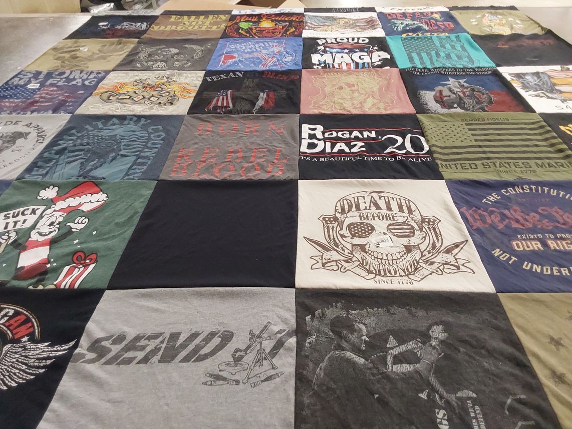 T-shirt quilt with military, patriotism themes by SALVADOR from TX