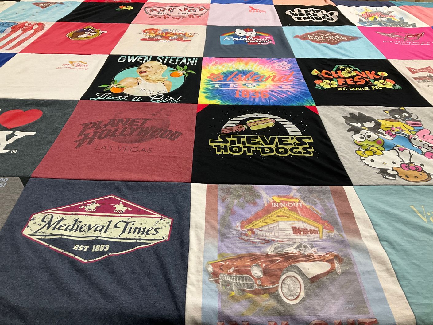 T-shirt quilt with music, food themes by Helen from MO