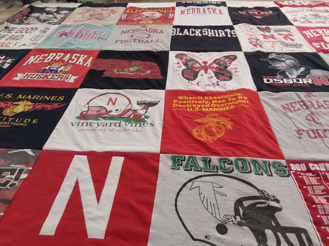 T-shirt quilt featuring nebraska cornhuskers, falcons by Gina from AL