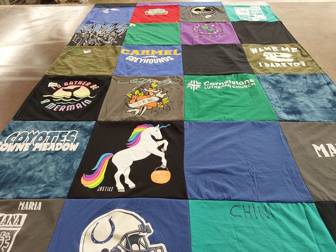 T-shirt quilt featuring carmel greyhounds, coyotes downe meadow by Kate from IN