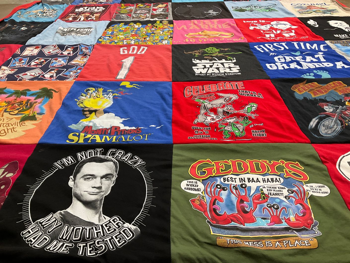 T-shirt quilt with comedy, theater themes by Mary from MO