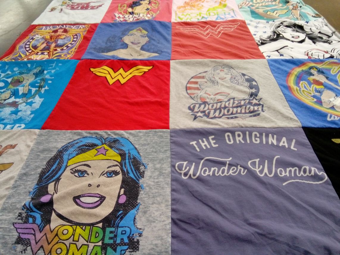 T-shirt quilt with superheroes, comics themes by Tammy from MA