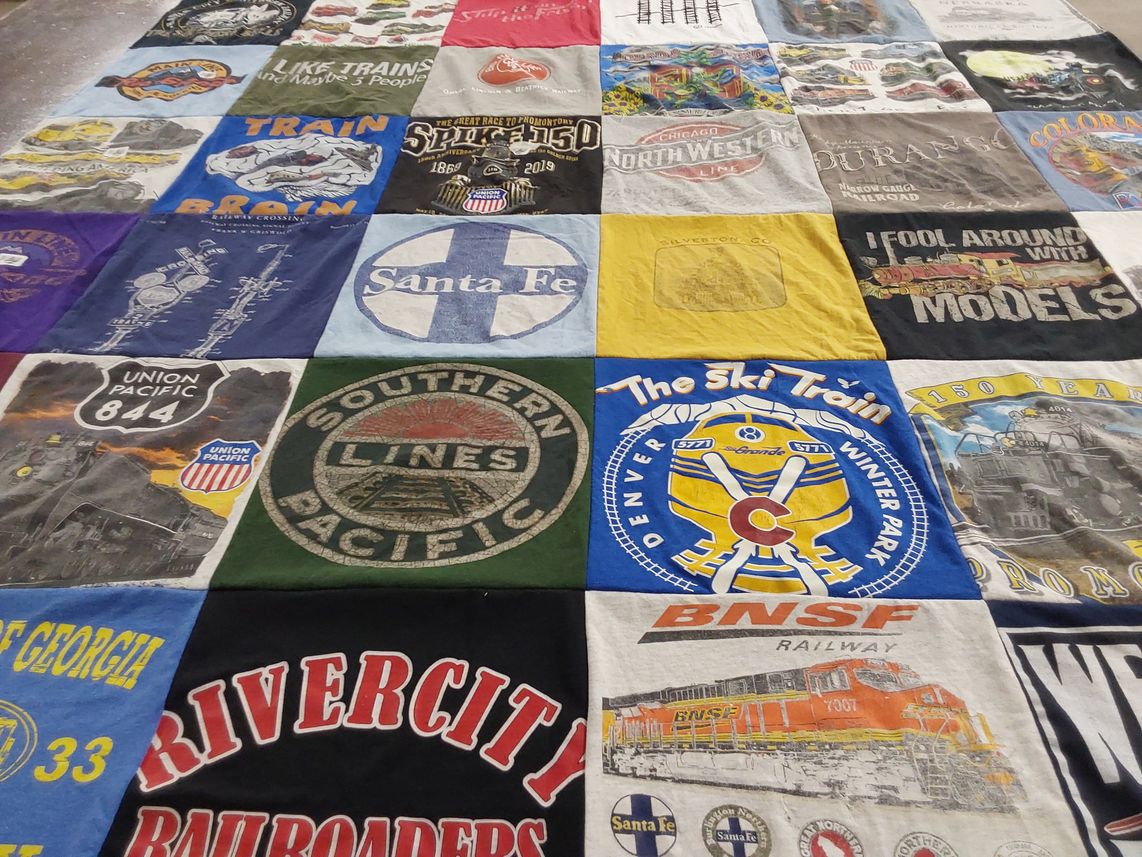 T-shirt quilt with railroads, trains themes by Elizabeth from NE