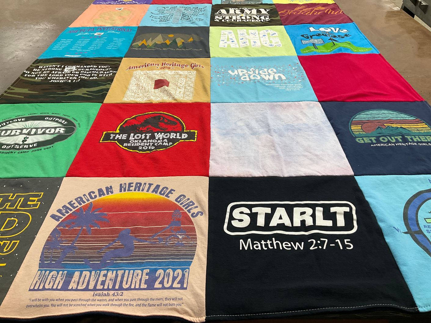 T-shirt quilt with camping, youth groups themes by Michelle from OK