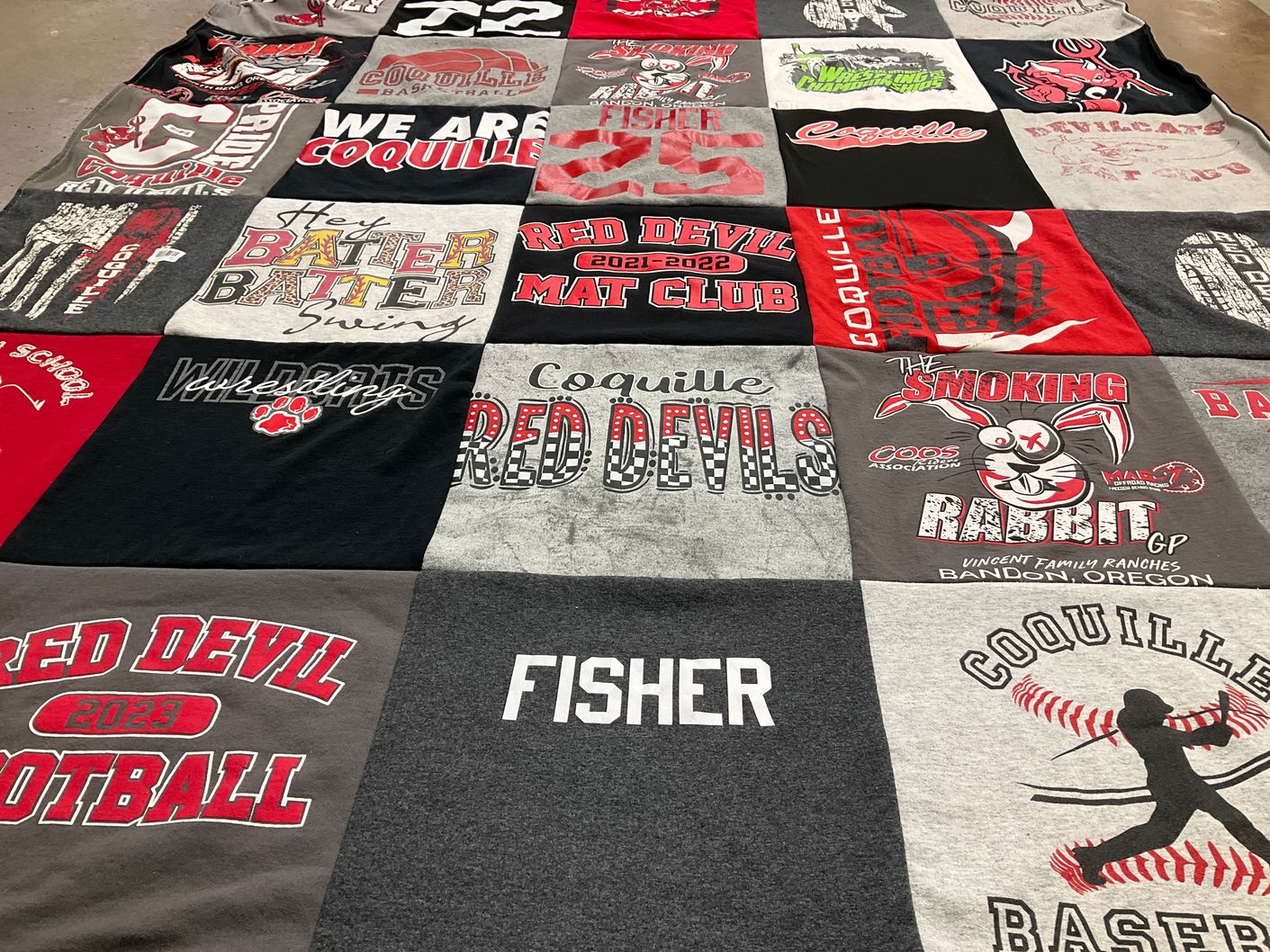 T-shirt quilt featuring coquille red devils by cathy from OR