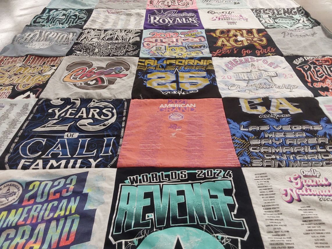 T-shirt quilt with cheerleading themes by Bonnie from NV